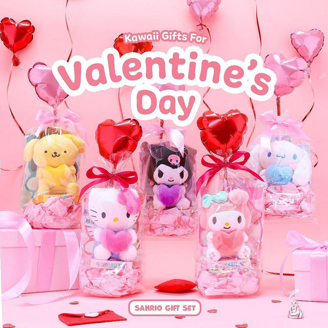 Official Sanrio Valentine's Day Premium Gift Set featuring Hello Kitty, My Melody, Kuromi, Pompompurin, and Cinnamoroll plushies with heart balloons. Aesthetic pink gift packaging for girlfriend or Sanrio collectors