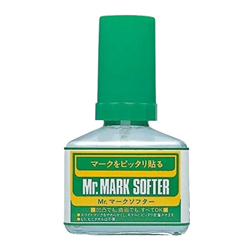 Bottle of Mr. Mark Softener with green cap and label on a white background
