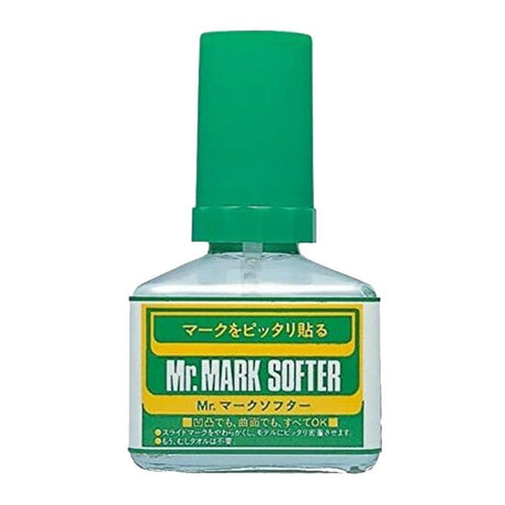 Bottle of Mr. Mark Softener with green cap and label on a white background