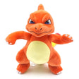 A plush toy of the Pokemon Charmeleon, predominantly orange with a yellow belly, official Nintendo branding.