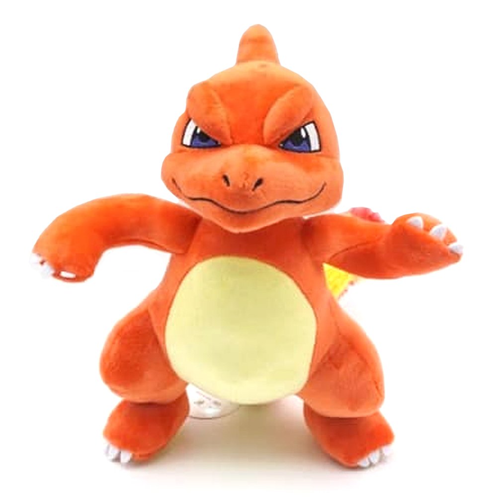 A plush toy of the Pokemon Charmeleon, predominantly orange with a yellow belly, official Nintendo branding.