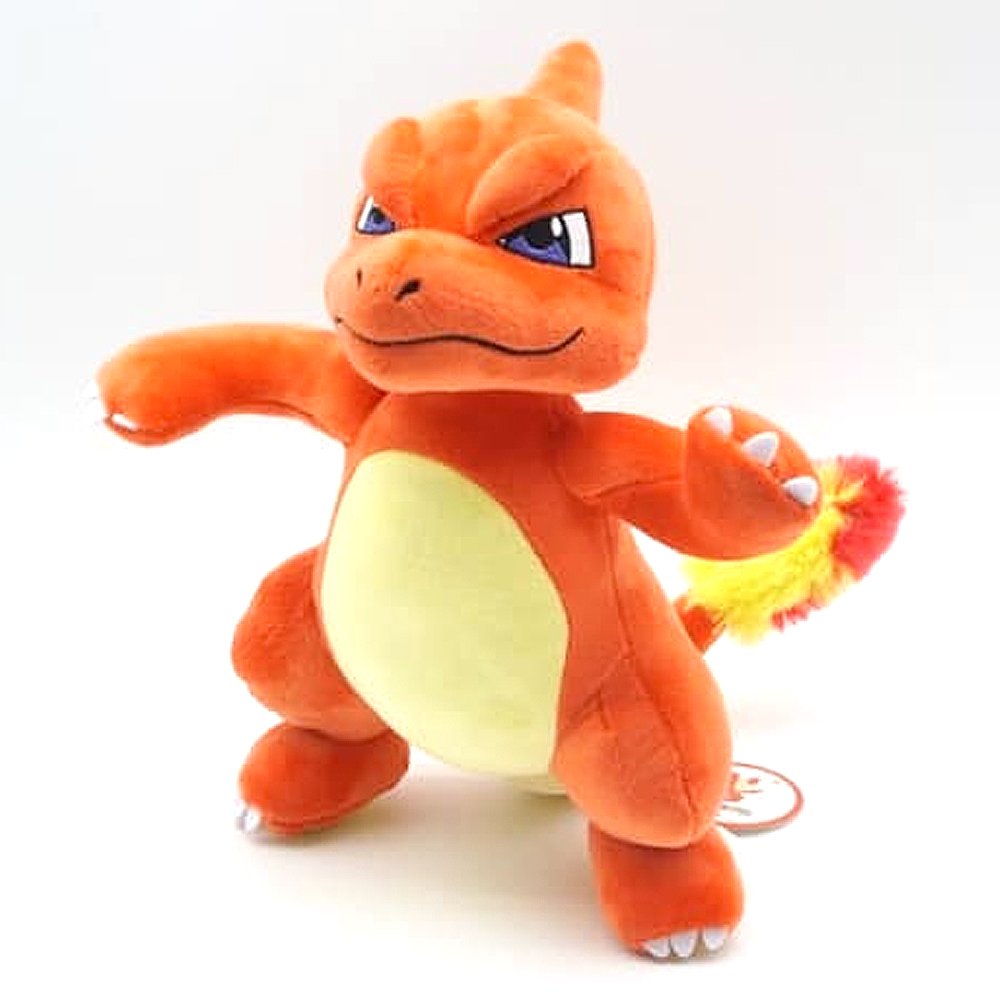 A plush toy of the Pokemon Charmeleon, predominantly orange with a yellow belly, official Nintendo branding.