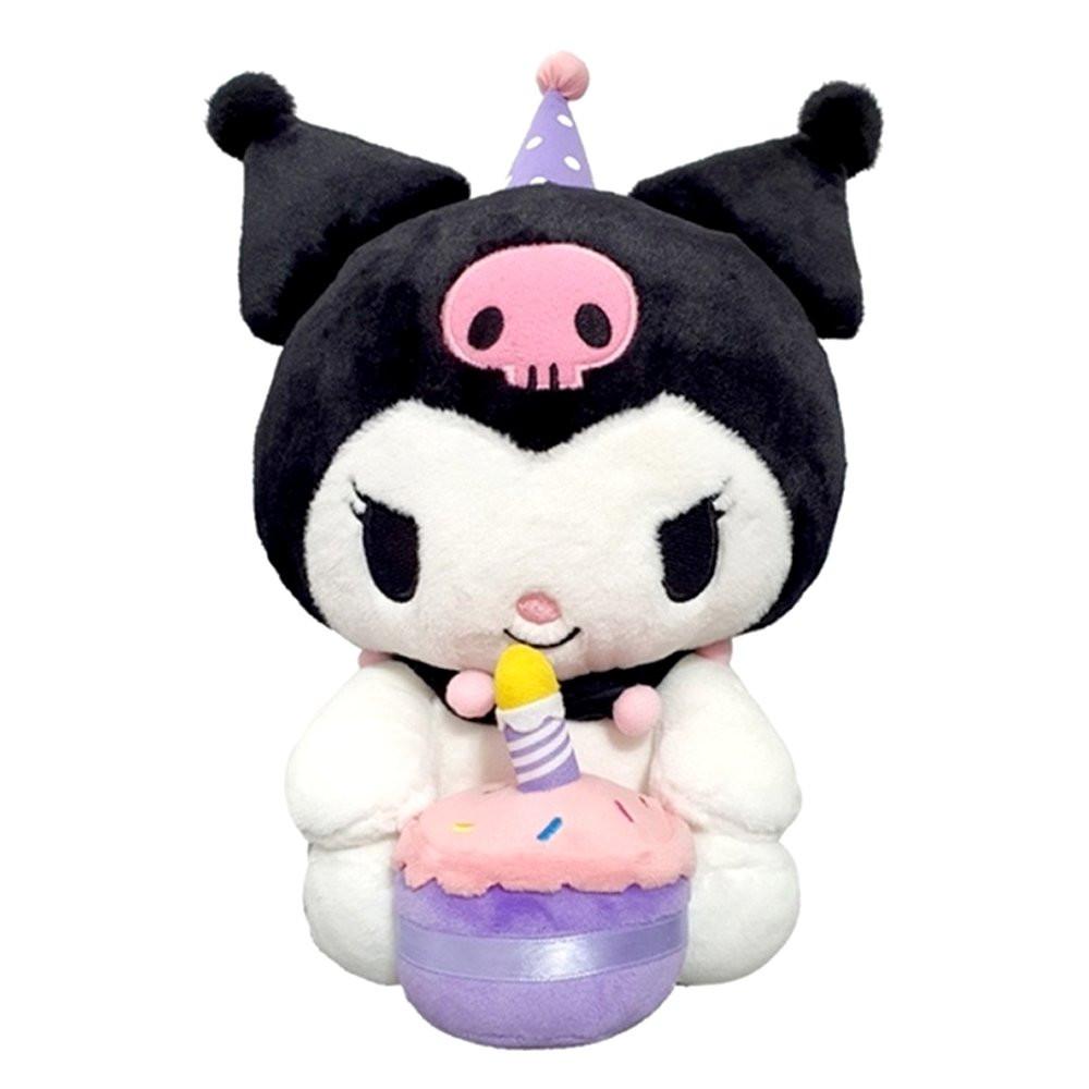 Officially licensed Sanrio Cute Friends featuring Kuromi wearing a party hat, holding a cake