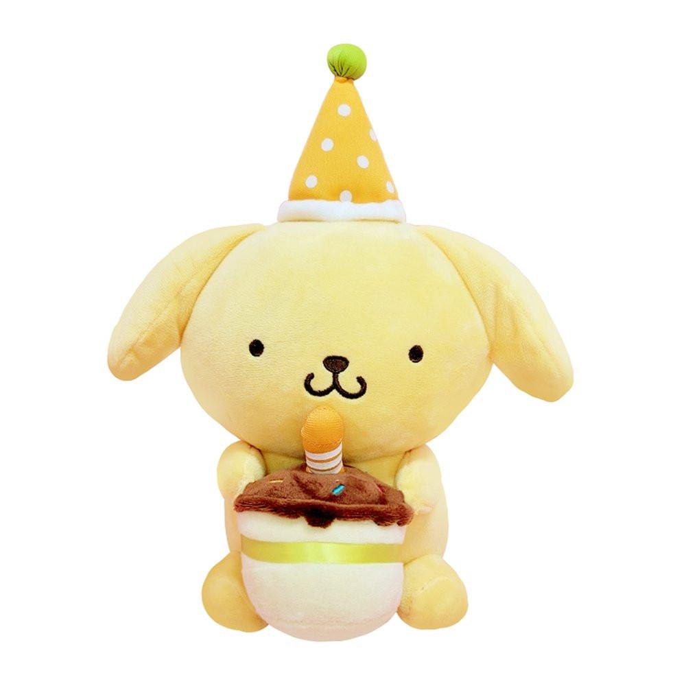 Officially licensed Sanrio Cute Friends featuring Pompompurin wearing a party hat, holding a cake