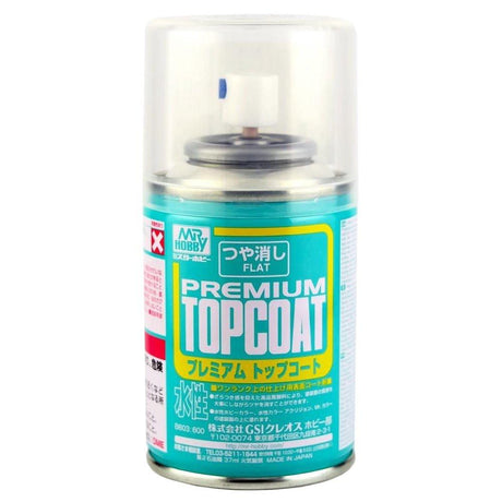Can of Mr. Hobby Premium Topcoat spray paint on a white background