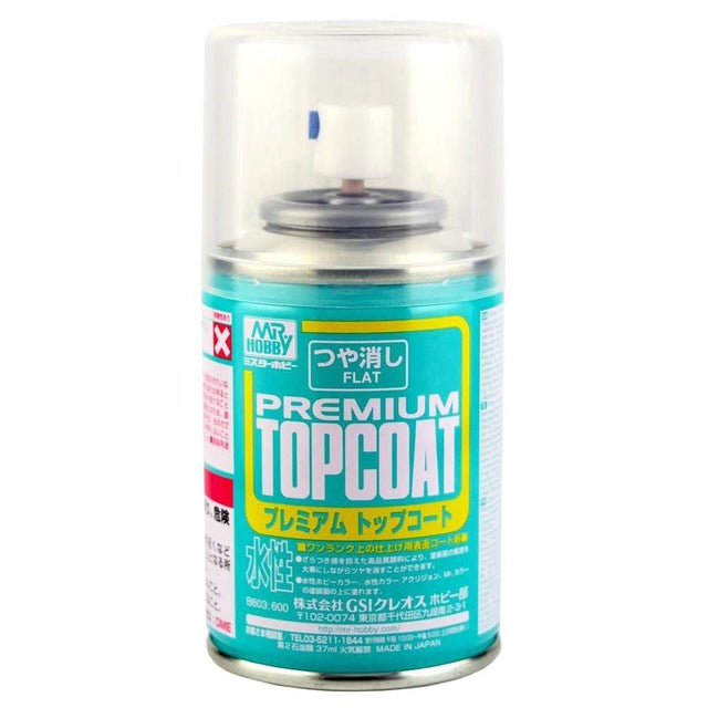Can of Mr. Hobby Premium Topcoat spray paint on a white background